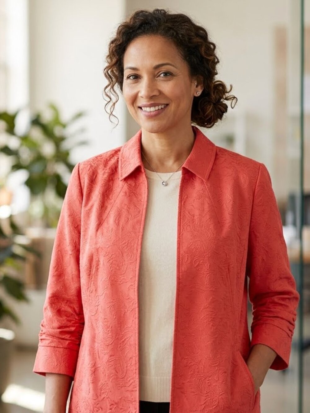 Coldwater Creek  Blazer Womens 16 Textured Open Jacket Orange, Cotton, Lined